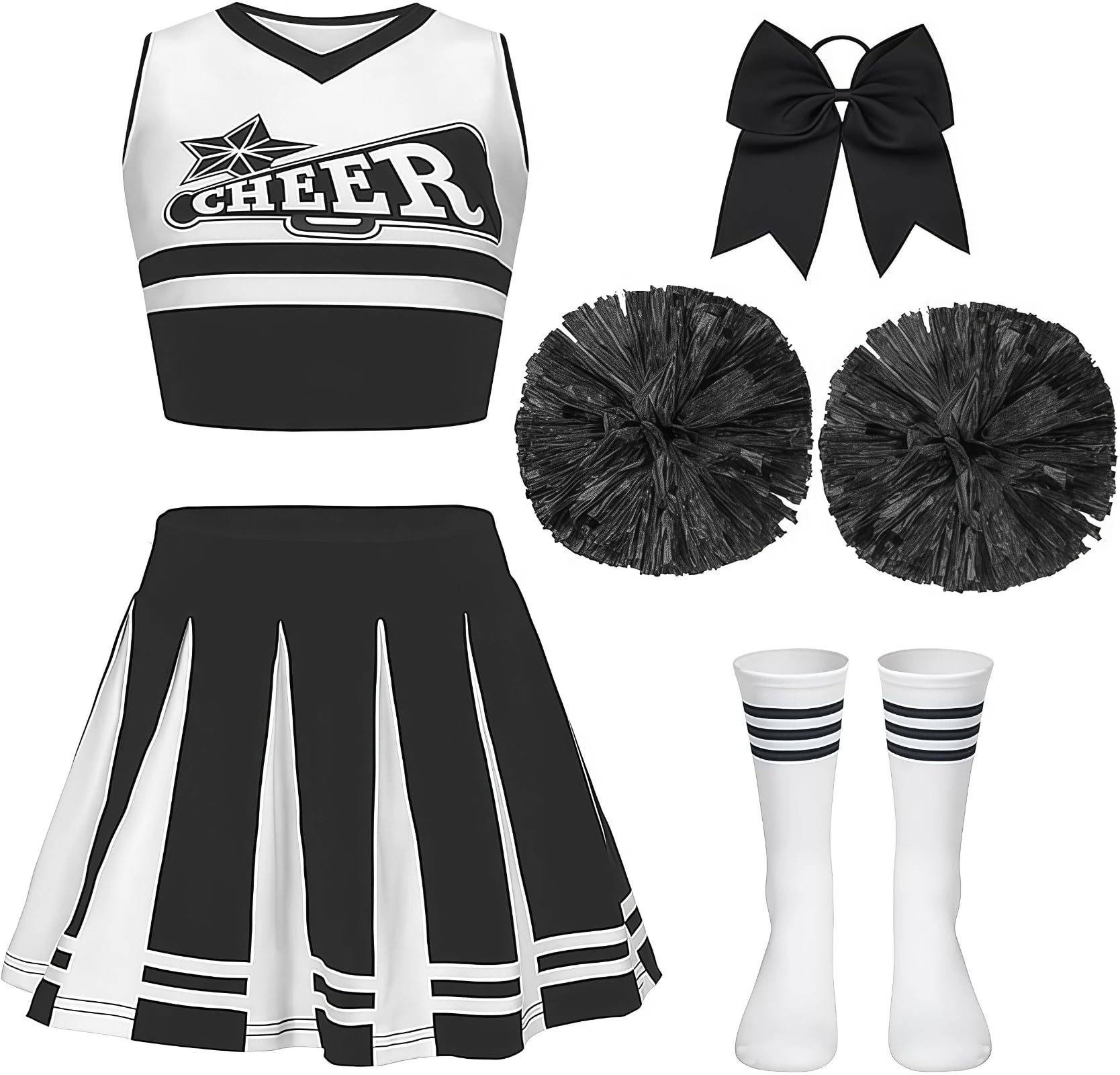 Gekyve Girls Cheerleading Costume for Kids – Cheer Uniform with Pom Poms, Socks & Hair Bow, Sleeveless Cheer Outfit for School Sports Events, Carnival, Masquerade & Halloween Dress Up