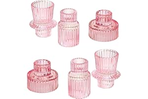 Ni-JASW Pink Ribbed Glass Taper Candle Holders, Candlestick Tea Votive Candle Holders for Table Centerpiece Wedding Decor, Set of 6