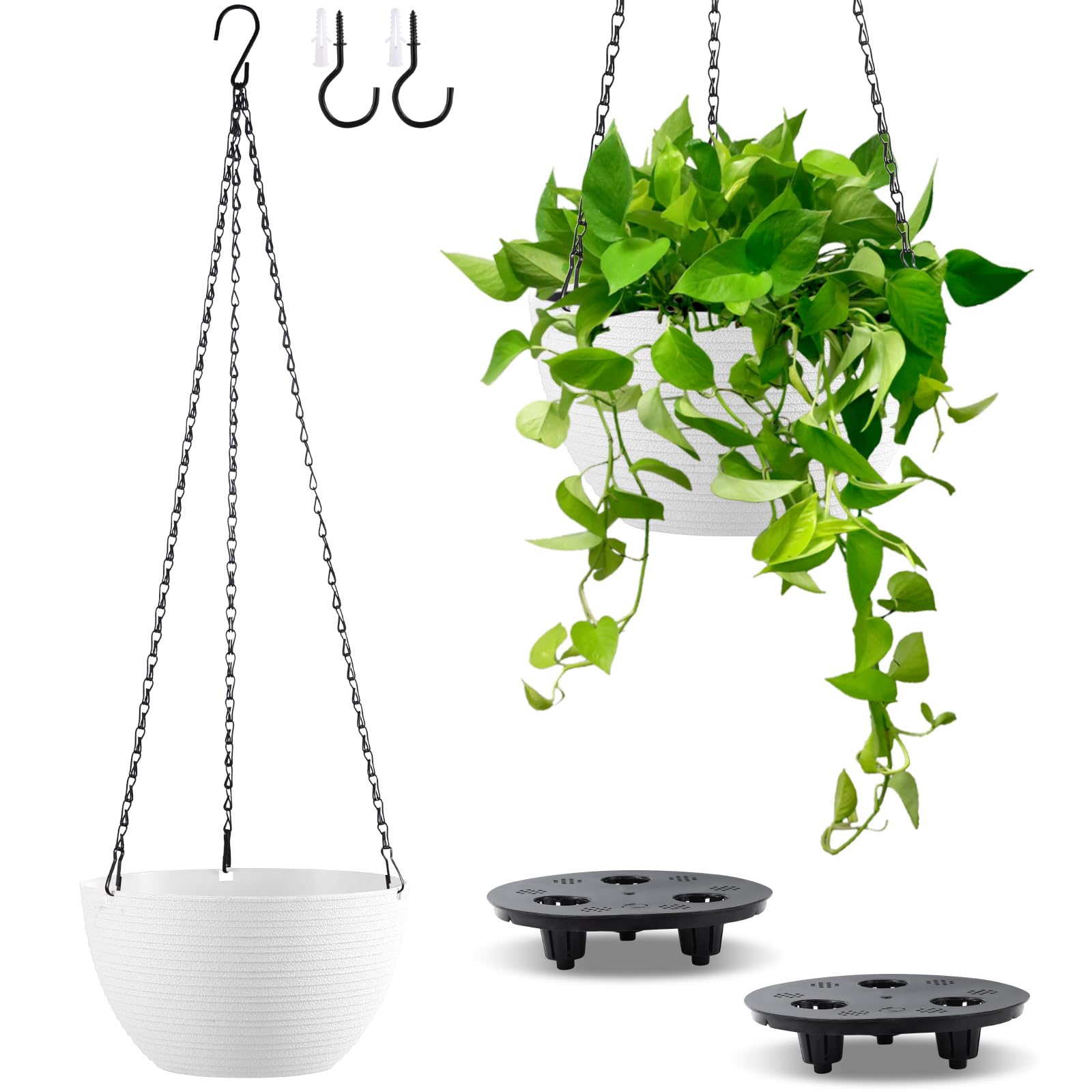 Photo 1 of Kvetto Set of 2 8.7 Inch Self Watering Hanging Planters for Indoor Outdoor Plants, Light Textured Hanging Baskets Flower Pots with Drainage Hole & Plug and 20" Chain Hanger