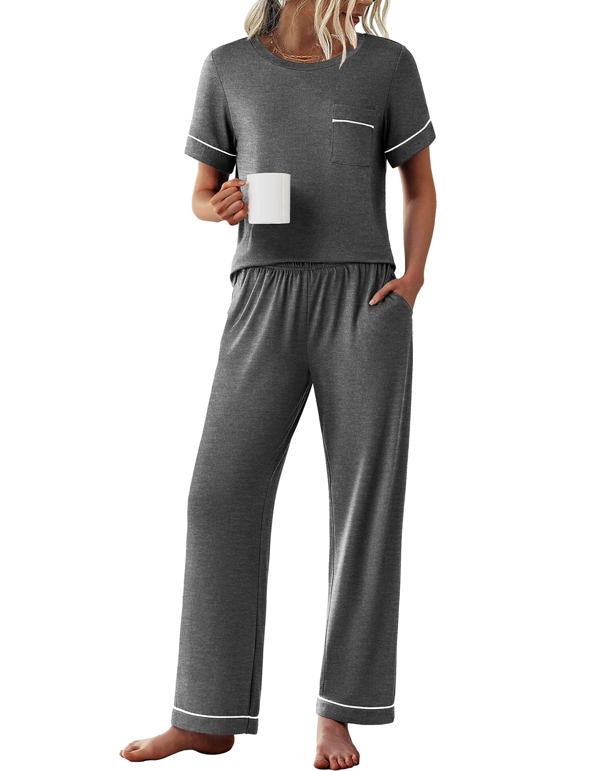 Photo 1 of **SEE NOTES** Ekouaer Womens Pajama Sets Short Sleeve Top and Pants 2 Piece Pjs Soft Sleepwear Comfy Lounge Set,Dark Gray,L