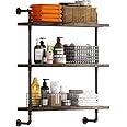 Helsin 3 Tier Industrial Pipe Shelf Rustic Wood Floating Shelves,Wall Display Bookshelf,Storage Rack Sundries Holder for Kitchen Office Bathroom Organization and Home Decor (24inch)