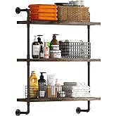 Helsin 3 Tier Industrial Pipe Shelf Rustic Wood Floating Shelves,Wall Display Bookshelf,Storage Rack Sundries Holder for Kitc