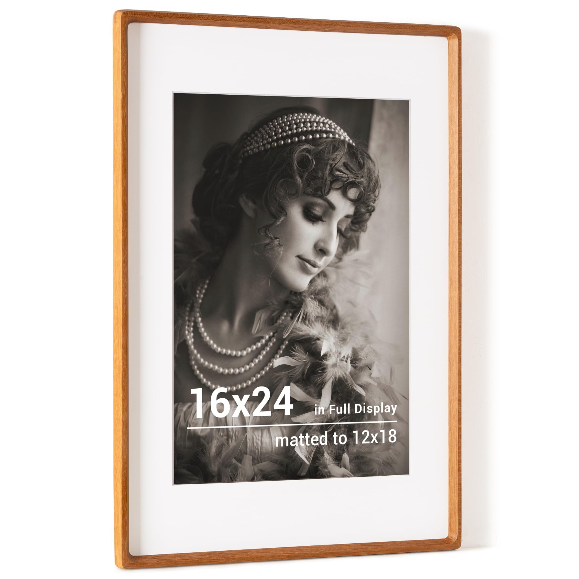 Photo 1 of 16x24 Poster Frame, USA-Sourced Teak Wood Picture Frame with HD Tempered Glass, Handcrafted Rounded Corner 16 x 24 Wooden Frame Matted to 12x18 Photos, Horizontal or Vertical Wall Display