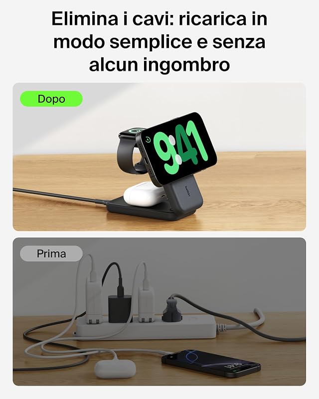 UltraCharge Caricatore Wireless Magnetico Qi2 25W 3 in 1 - Nero