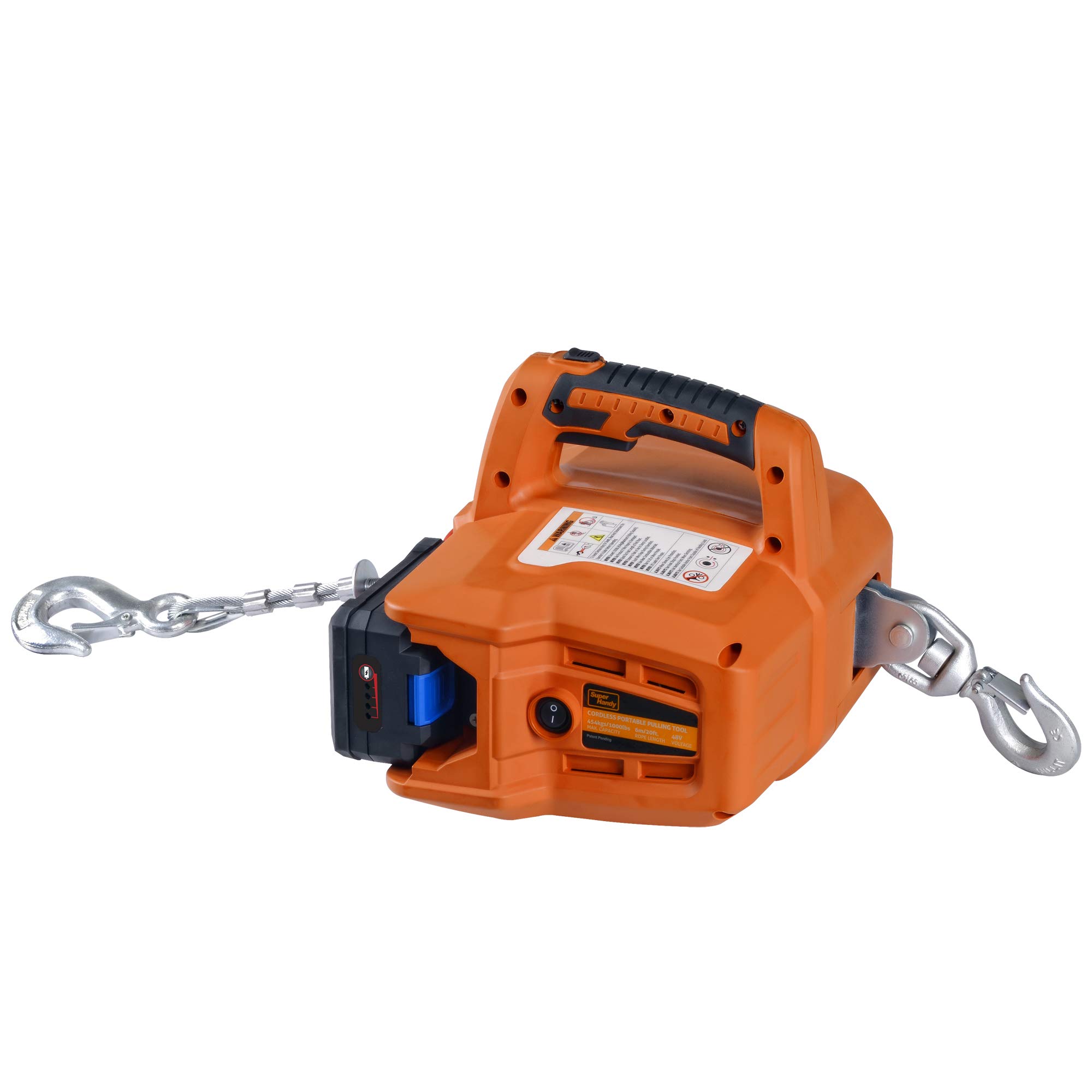 SuperHandy Electric Winch Portable Cordless Electric Hoist Crane Lift Brushless Motor 48V Li-Ion Battery Powered 1000lbs 455kg Max Weight 6m Steel Braided Cable w/Locking Knob