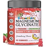 Magnesium Glycinate Gummies for Kids & Adults - Relaxation & Cognition Support - 400/200mg Magnesium Supplement with L-Theanine, Chamomile, B6, D3 & K2 - Vegan, Sugar Free, Strawberry Flavor, 60 Ct