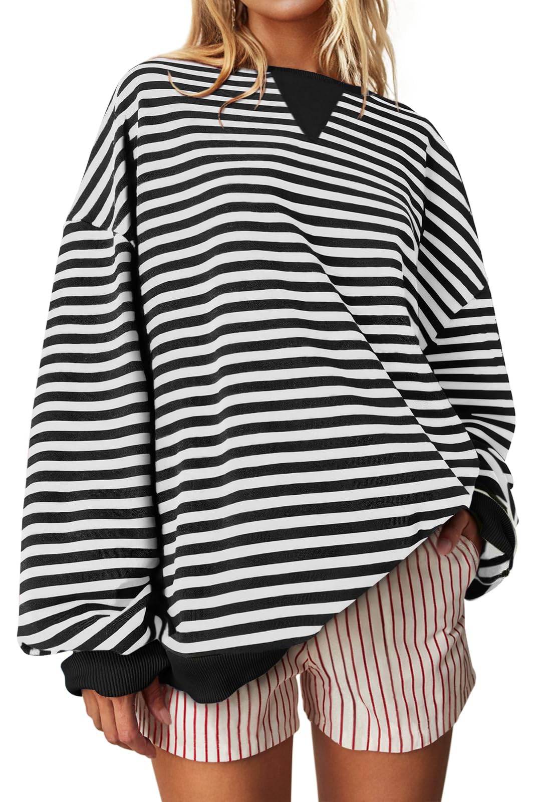 LMKIHUSA Side Split Oversized Sweatshirts For Women,Women Striped Shirt Drop Shoulder Color Block Crew Neck Sweatshirt Long Sleeve Casual Loose Pullover Top Y2K Clothes,Green,XL - View #5