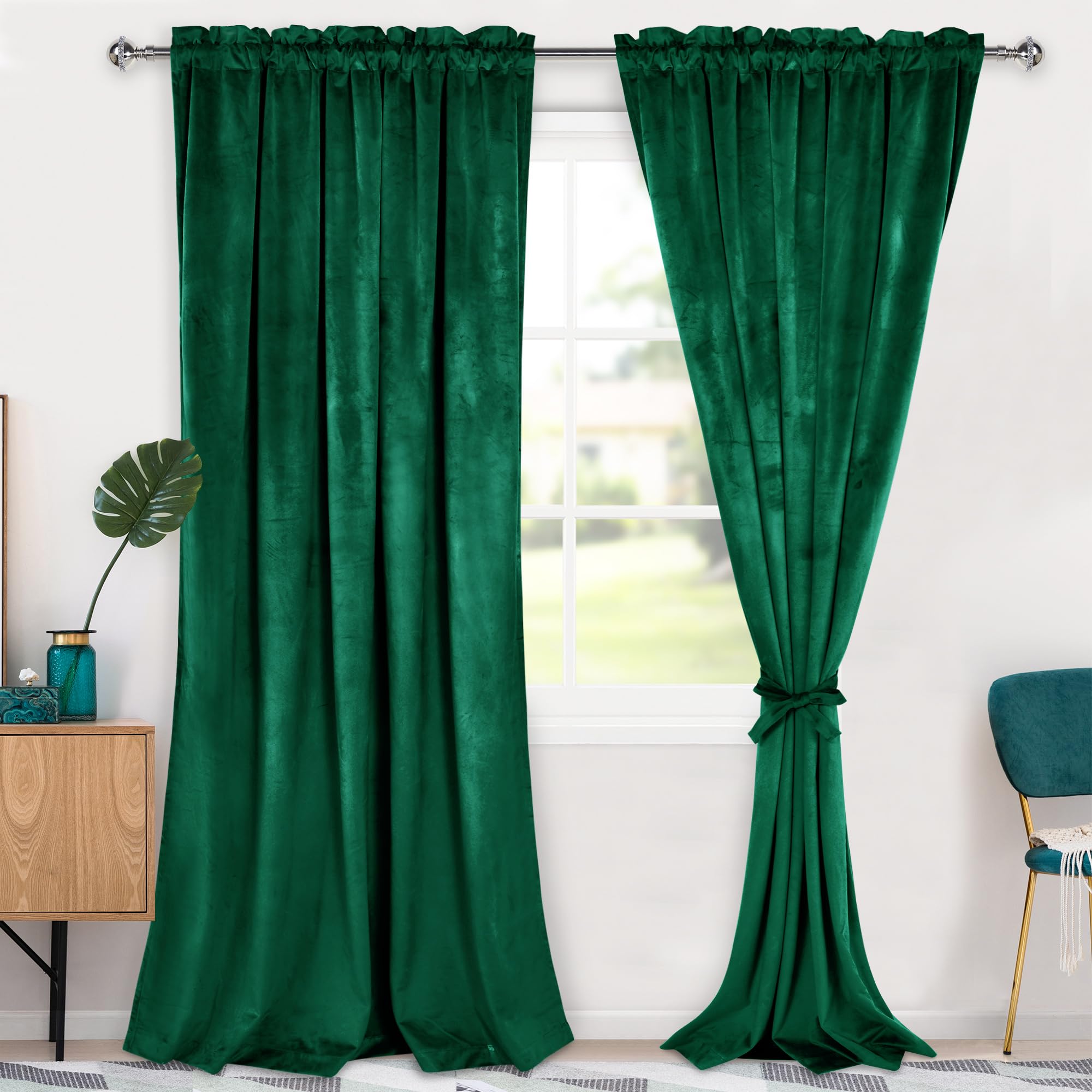 Hiasan Christmas Green Velvet Curtains 96 inches-Blackout Thermal Insulated Solid Soft Curtains for Bedroom Living Room Rod Pocket Room Darkening 2 Panels Window Drapes with Tiebacks, 60W x 96L Image