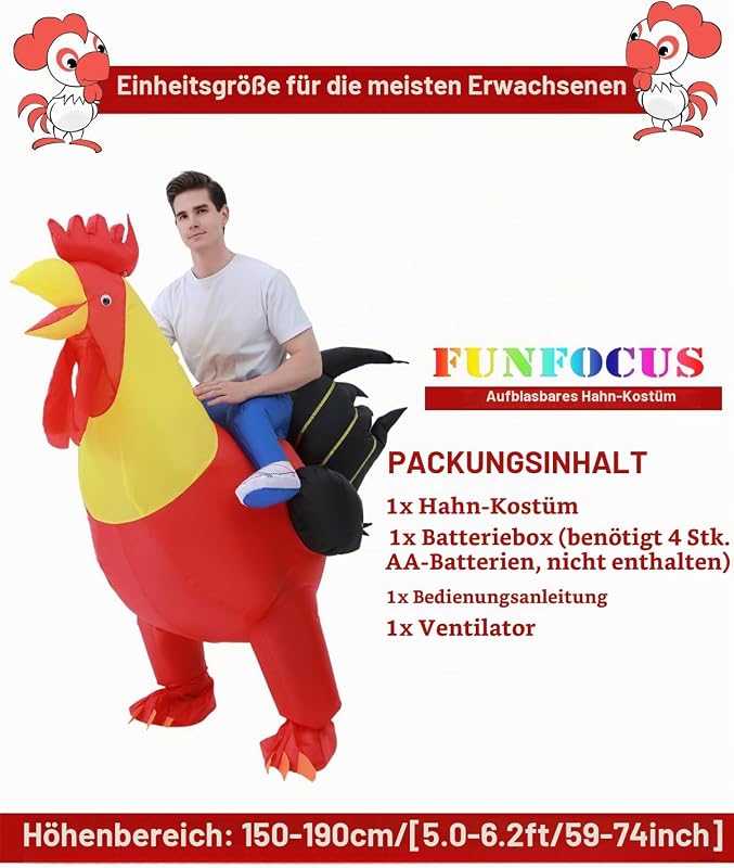 Aufblasbares Kostüm Erwachsene, Aufblasbares Hahn Kostüm für Männer/Frauen, Reitbares Hahn Aufblaskostüm, Lustiges Cosplay Aufblaskostüm für Halloween, Weihnachten und Karnevalspartys