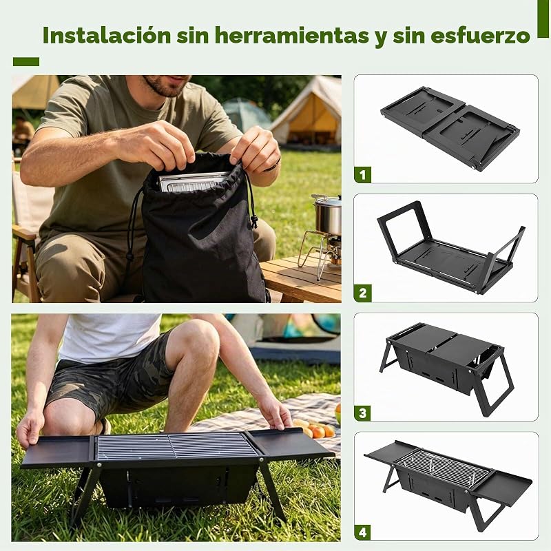 Grelhador portátil a carvão de mesa, mini churrasco dobrável instantâneo com controlo de calor de 3 níveis para campismo e jardim