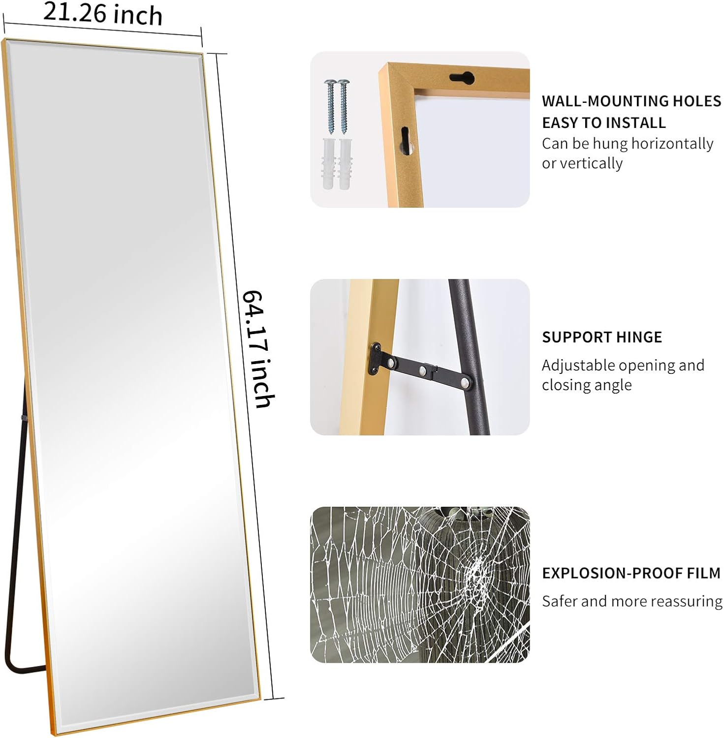 BEAUTYPEAK Full Length Mirror 21" x 64" Body Dressing Standing Hanging or Leaning Against Rectangle Floor Wall Mirrors Aluminum Alloy Wall-Mounted for Bedroom Bathroom Dorm Wall Decor, Gold: Kitchen & Dining