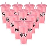 Reallnaive Sleepover Party Supplies for Girls Sleepover Squad Cups with Lids and Straws 24 oz Slumber Party Plastic Tumbler Coffee Cup for Birthdays Slumber Spa Favors(Pink,12 Pcs)
