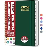 2026 Planner, Weekly and Monthly Calendar Planner, January 2026 - December 2026, Hardcover 2026 Calendar Book with Tabs For Women & Men, Inner Pocket, Spiral Bound, Perfect for Office Home School Supplies - A4 (8.5" x 11"), Dark Green
