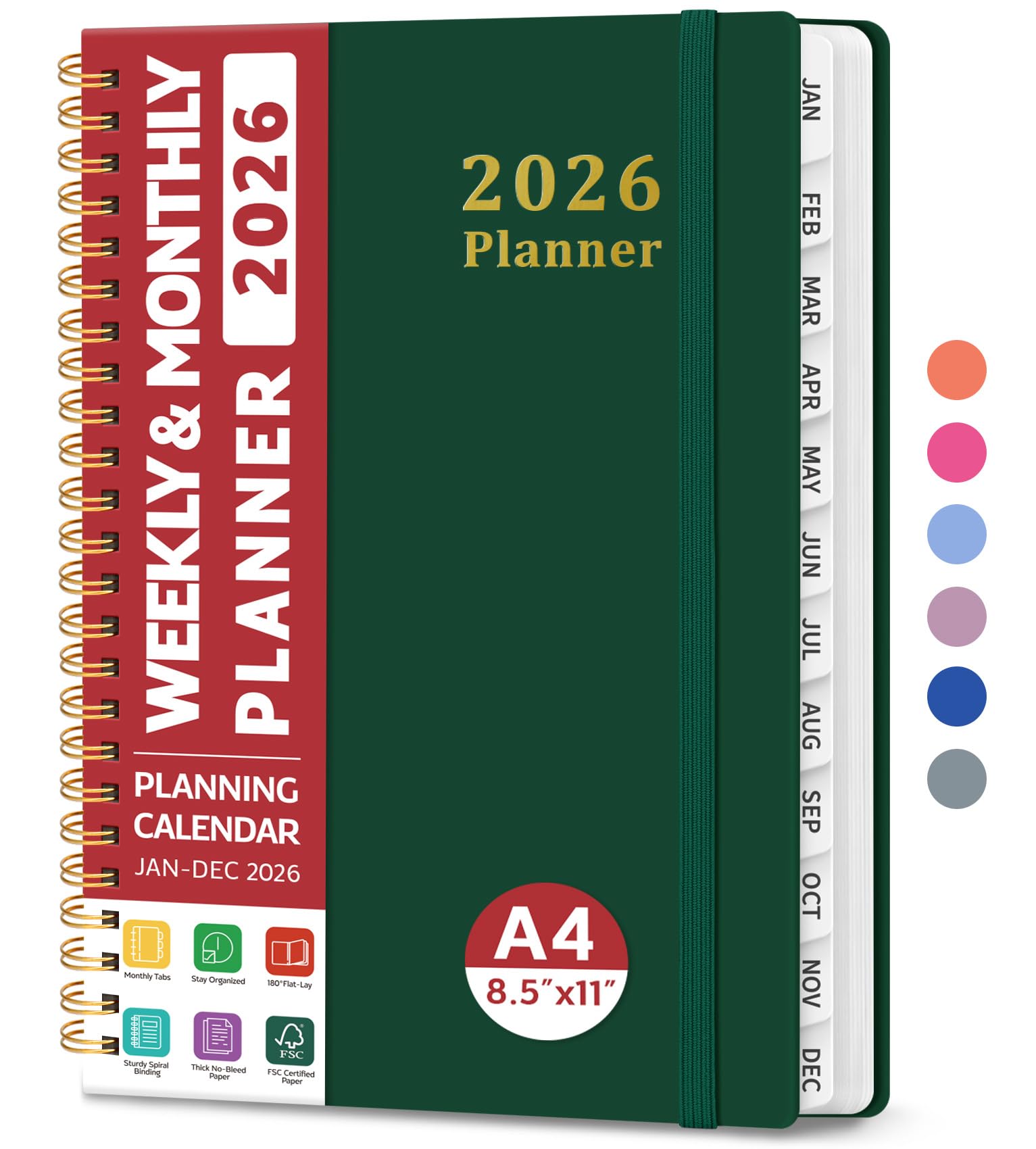 Photo 1 of 2026 Planner, Weekly and Monthly Calendar Planner, January 2026 - December 2026, Hardcover 2026 Calendar Book with Tabs For Women & Men, Inner Pocket, Spiral Bound, Perfect for Office Home School Supplies - A4 (8.5" x 11"), Dark Green