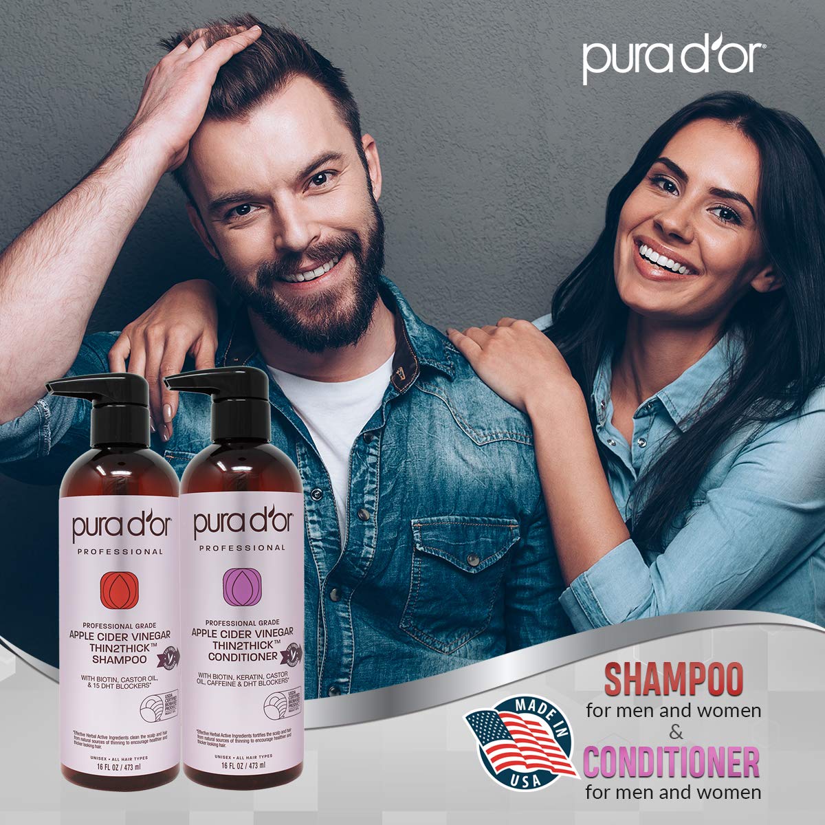 PURA D'OR Apple Cider Vinegar Thin2Thick Set Shampoo Conditioner for Regrowth, Hair Loss, Clarifying, Detox (2 x 16oz) Biotin, Keratin, Caffeine, Castor Oil, All Hair Type, Men/Women, Packaging varies: Beauty