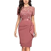 Miusol Women's Elegant Sequin Floral Lace Scoop Neck Ruffle Style Cocktail Party Dress