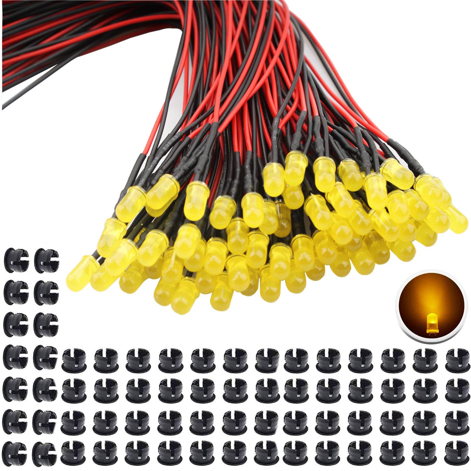 RUNCCI-YUN 65pcs Yellow 5mm prewired led，LED Diodes Light 12V 20cm Pre Wired led（Ultra Bright)+ 65Pcs 5mm Plastic LED Holder ， for model railway