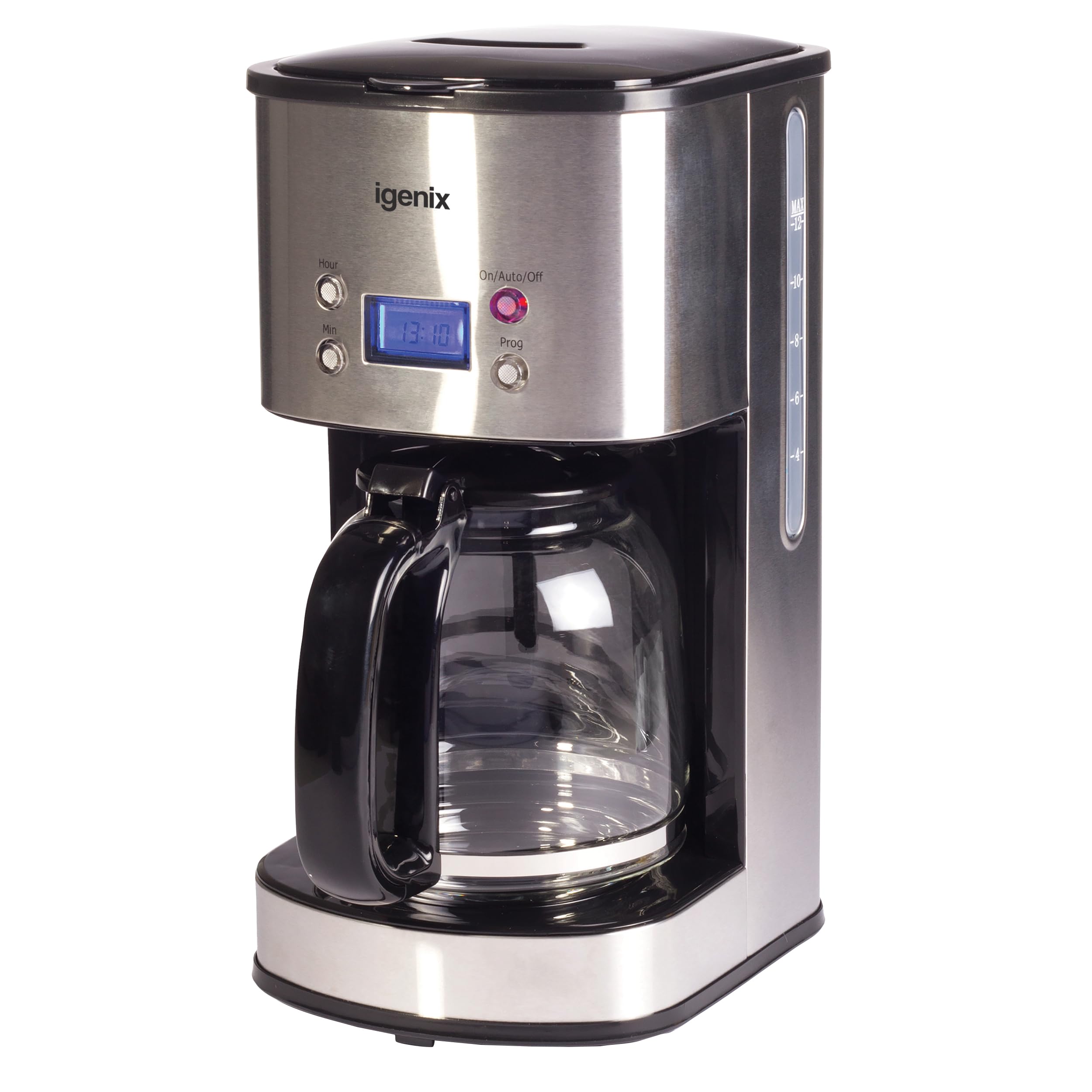 Igenix IG8250 Digital Filter Coffee Maker, 12 Cup Carafe, Automatic 24 Hour Timer and Keep Warm Function, Removable Funnel for Easy Cleaning, 1.5 Litre, Stainless Steel