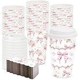 JarThenaAMCS 50Pcs Bow Coffee Paper Cups with Lids Sleeves 16oz Pink Coquette Bowknot To Go Coffee Disposable Cups for Birthday Baby Shower Wedding Bachelorette Party Supplies