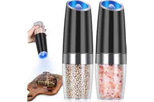 EasyCom Gravity Electric Salt and Pepper Grinder Set, Battery Powered with LED Light, Adjustable Coarseness, One Hand Automatic Pepper Mill Grinder for Kitchen and BBQ, 2 Pack, Black