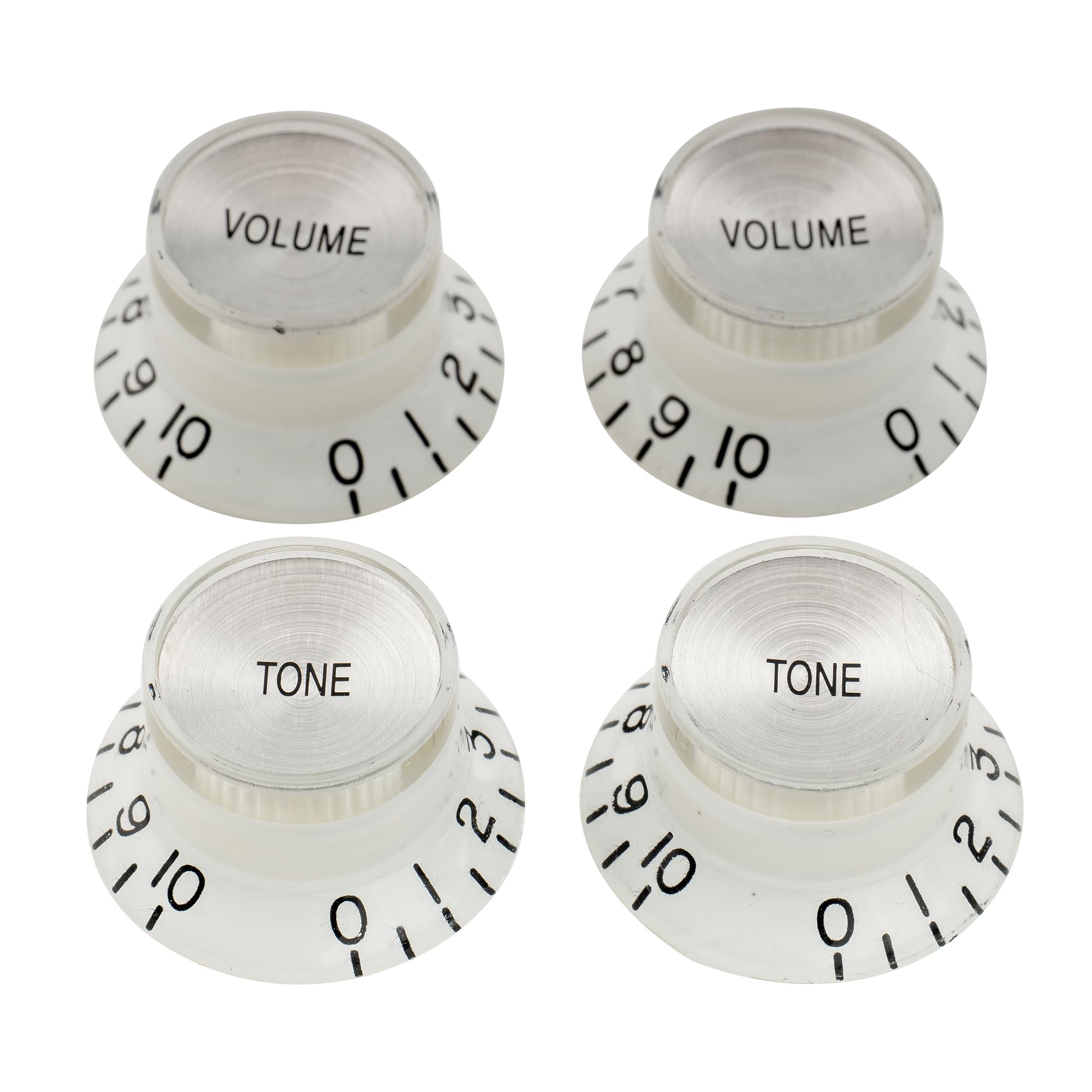 Musiclily Pro Imperial Inch Size Guitar Top Hat Bell 2 Volume 2 Tone Reflector Knobs Set Compatible with USA Made Les Paul SG Style, White with Silver Top