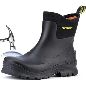 Showave Men's Steel Toe Work Boots Waterproof Rubber Rain Booties | Rubber Work Boots for Men Safety Puncture-Proof Outsole I