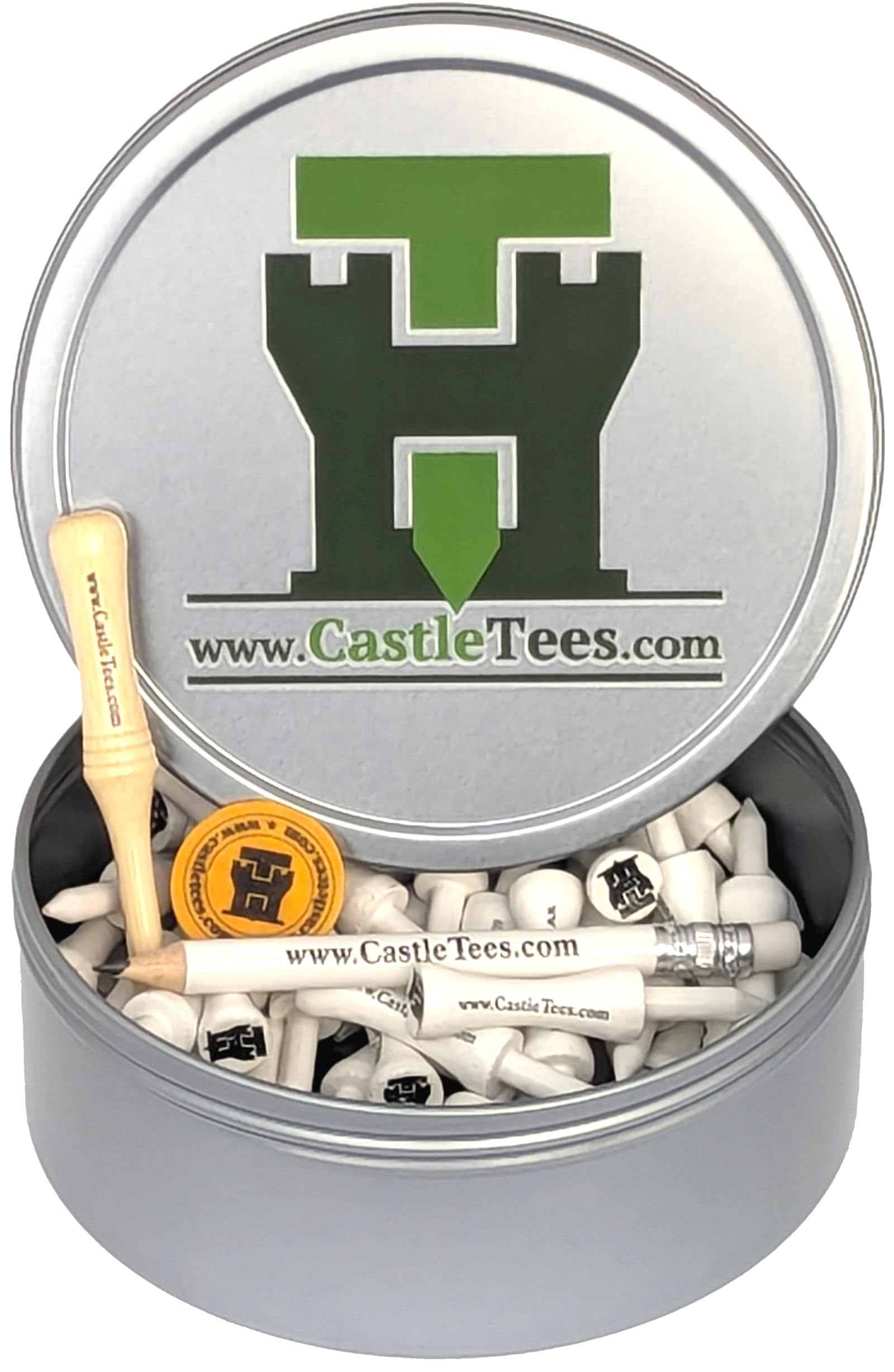 Castle Tees White 40 x 51mm 2 inch White Premium Bamboo Golf Tees in a Tin with Free Ball Marker & Free Pencil. Twice the strength of regular bamboo very strong & durable & a Great Golf Gift.