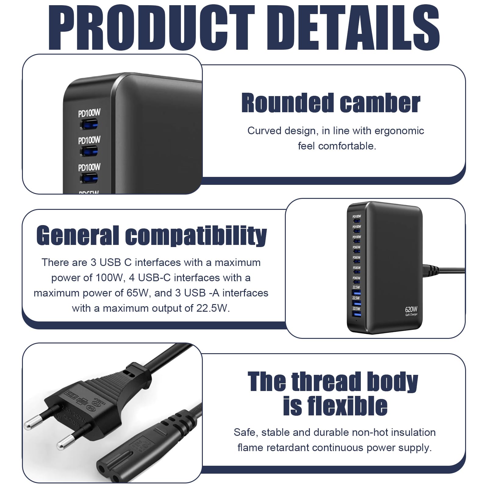620W USB C Ladegerät 10-Port, Schnellladegerät Adapter Mehrfach mit GaN III, mit 7 USB-C und 3 USB-A PD Charger 100W Netzteil für MacBook, iPhone, Laptop, iPad, Samsung 5