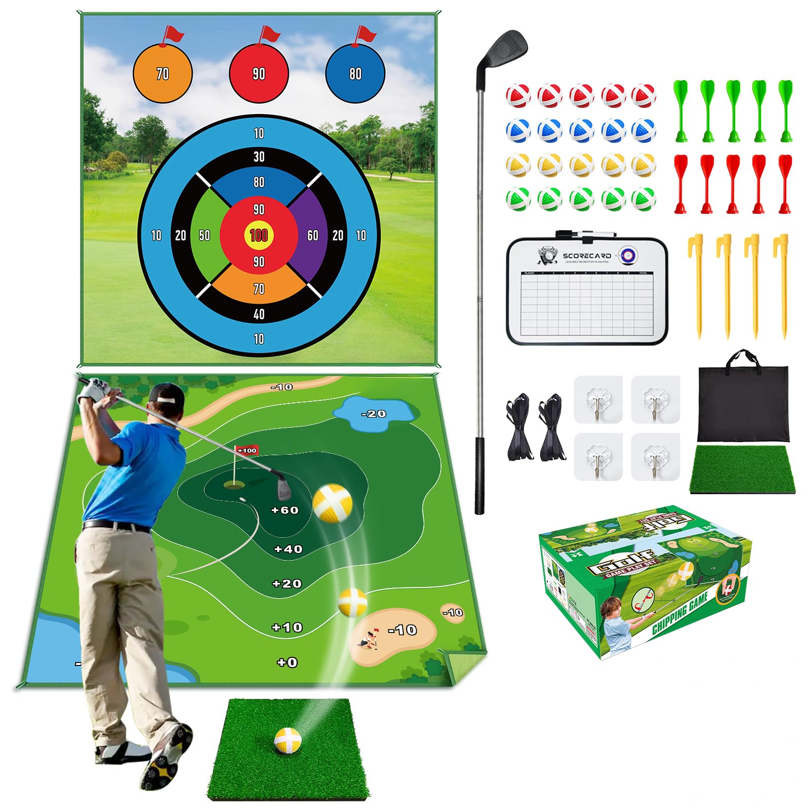 Photo 1 of LINKET Golf Mat, 70"x70" Double-Sided 2in1 Golf Hitting Mat, Portable Golf Game for Chipping Practice for Dads & Junior Golfers - Golf Mats with 20 Sticky Balls & Golf Turf Mat for Indoor and Outdoor