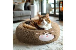Veehoo Donut Calming Cat Dog Beds for Small Dogs Cat-Round Cute Small Cat Bed Pet Bed, Washable Plush Cuddler Puppy Bed-Fluffy Kitten Bed with Removable Cover&Non-Slip Bottom 20" Camel