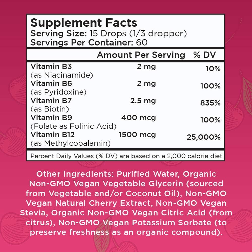 Vegan Vitamin B Complex Sublingual Liquid by MaryRuth's - Hair Skin Nails Energy - Methyl B12 Folate Biotin Niacin Vitamin B3, 6, 7, 9, 12 - Tart Cherry - Glass 1oz: Health & Personal Care