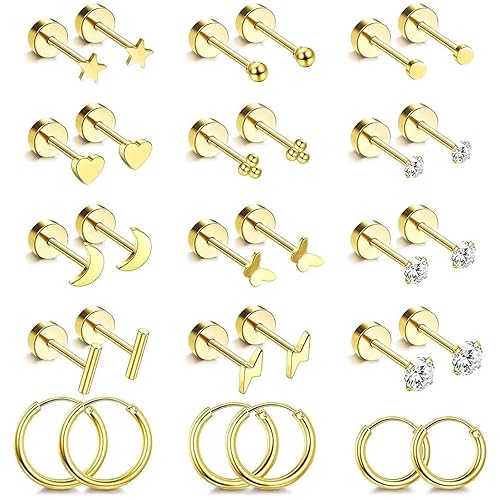 15 Pairs Small Gold Earrings, Steel Flat Back Earrings, Mini Tiny Gold Cartilage Sleeper Huggie Hoop, for Multiple Piercings