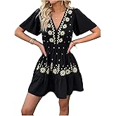 Verdusa Women's Boho Embroidery Short Sleeve Dress High Waisted A Line Ruffle Short Dresses