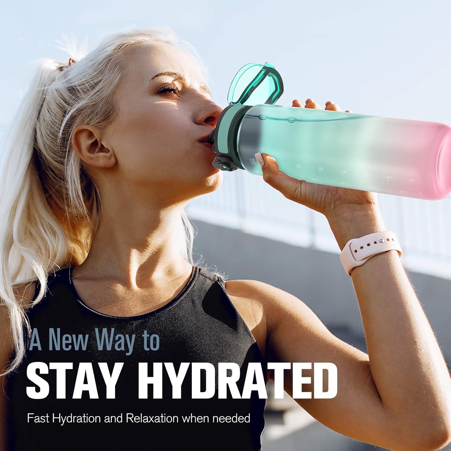 Sahara Sailor Water Bottle, 32oz Motivational Sports Water Bottle with Time Marker - Times to Drink - Non-Toxic Tritan Plastic, BPA Free, Wide Mouth Leakproof, Fast Flow Technology with Clean Brush : Sports & Outdoors