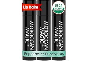 Moroccan Magic Organic Peppermint Eucalyptus Lip Balm 3 Pack | Ultra-Hydrating Argan & Essential Oil Lip Moisturizer + Vitamin E | Natural Mint Chapstick for Dry Lips | Non-Toxic | Organic Lip Balm
