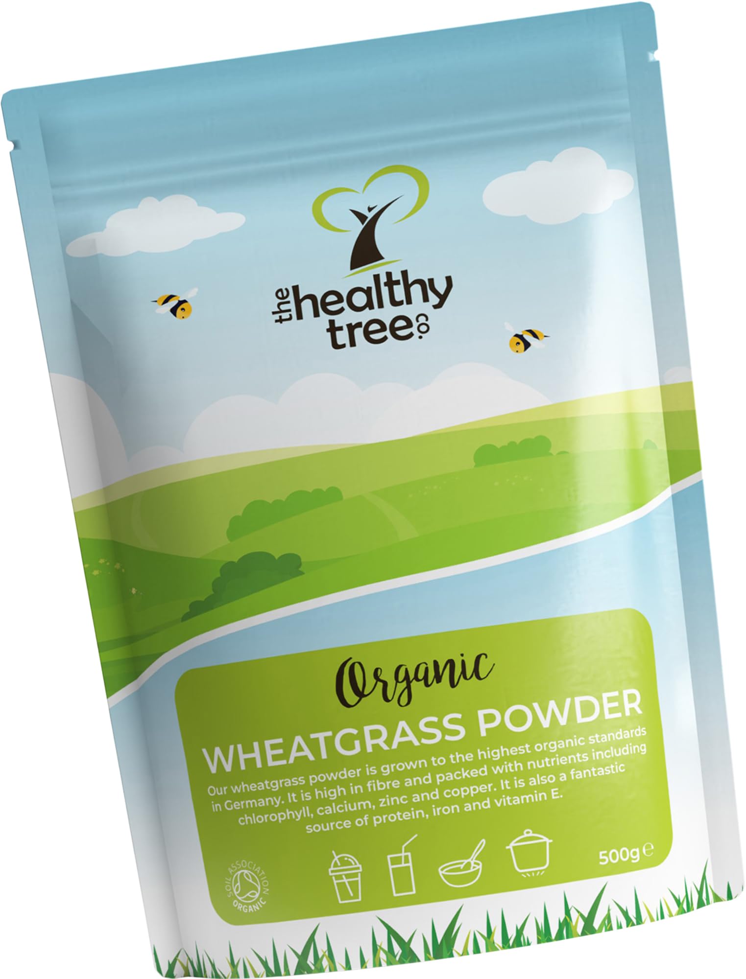 Organic Wheatgrass Powder by TheHealthyTree Company - High in Fibre, Vitamin E, Potassium and Iron - Pure Vegan Wheat Grass from Germany, Perfect in Green Juices (500g)
