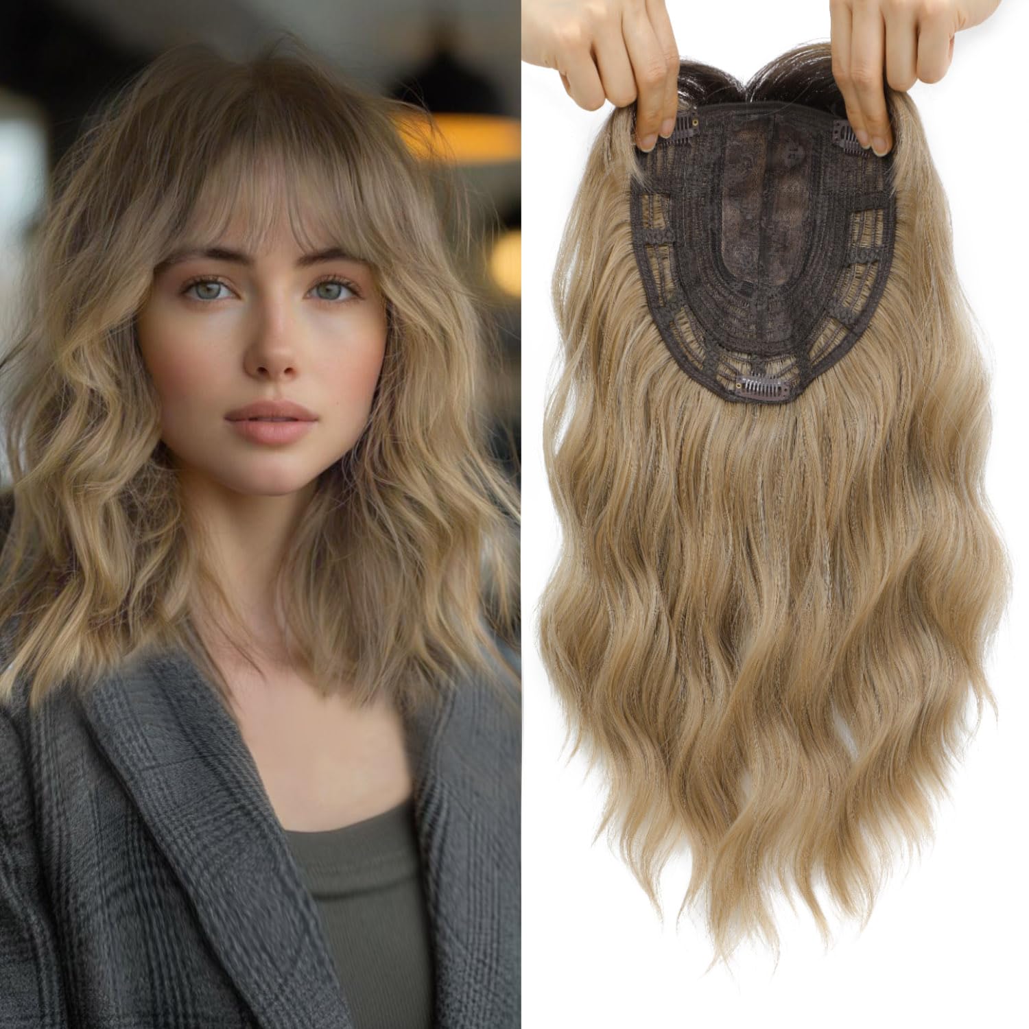 Nexyshe Hair Topper Wavy Hair Toppers with Bangs 14 Inch Hairtoppers for Thinning hair 6.5''X6.5'' Big Base hairpieces for Women Clip in