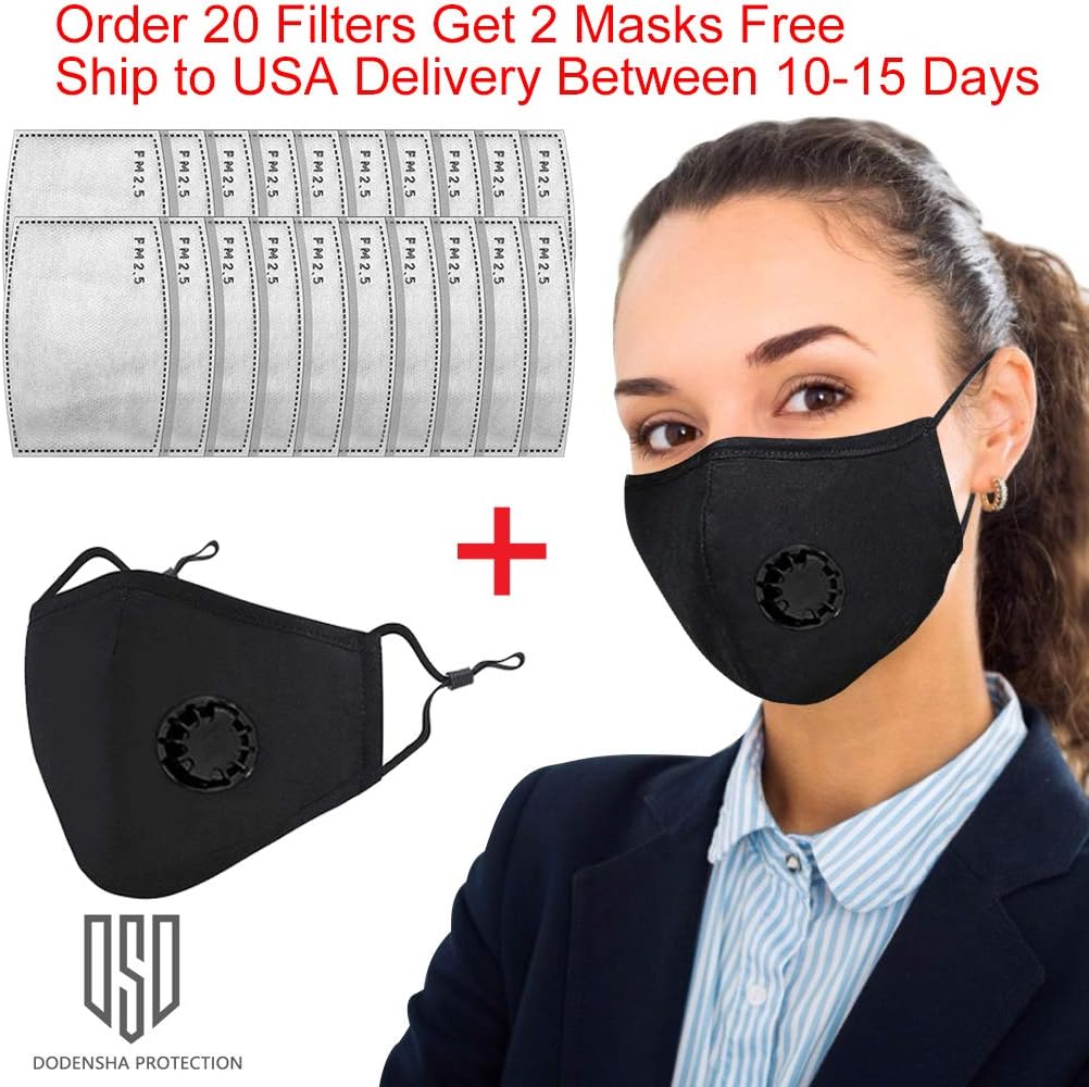 20 Pcs PM2.5 Activated Carbon Filter with 2Pcs Face Mask, Anti Particle Dust-Proof Anti-Pollution for Breathing Insert Protective Mask, Washable Cotton Face Mask for Adult Outdoor Activities(Black)