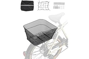 VEVOR Rear Bike Basket, Wire Mesh Bicycle Basket with Cargo Net & Waterproof Cover, Durable Metal Bike Back Basket, Fits Most