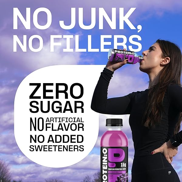 PROTEIN2O HYDRATION DRINK – 2-IN-1 LIQUID CLEAR WHEY PROTEIN ISOLATE AND ELECTROLYTE DRINK – 15G PROTEIN, VITAMINS B5, B6 – POST-WORKOUT RECOVERY – 16.9 FL OZ – 12 COUNT GRAPE