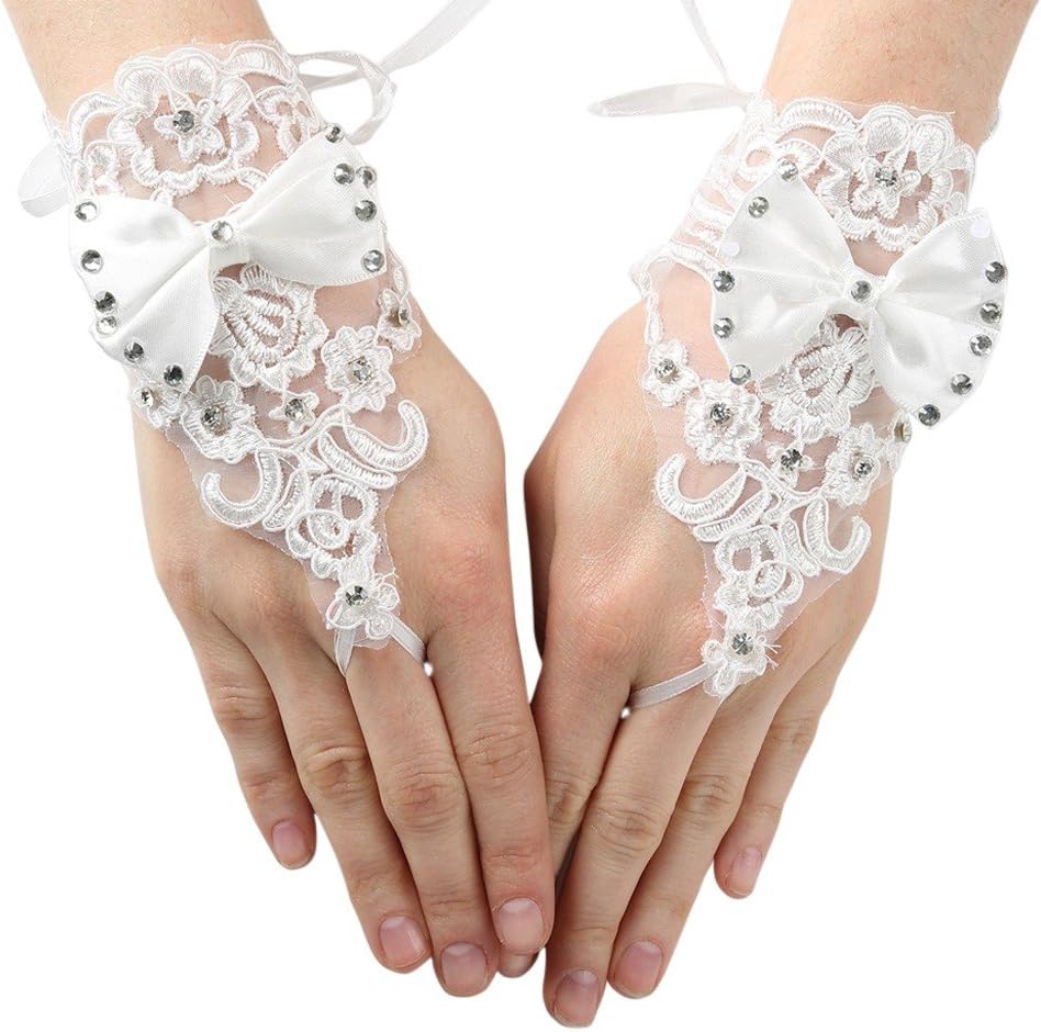 Girls White Rhinestone Satin Bow Lace Fingerless Communion Flower Girl Gloves