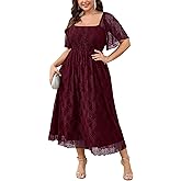 SCOMCHIC Women's Plus Size Wedding Guest Dress Formal Lace Square Neck Short Sleeve Smocked Flowy Cocktail Maxi Dresses