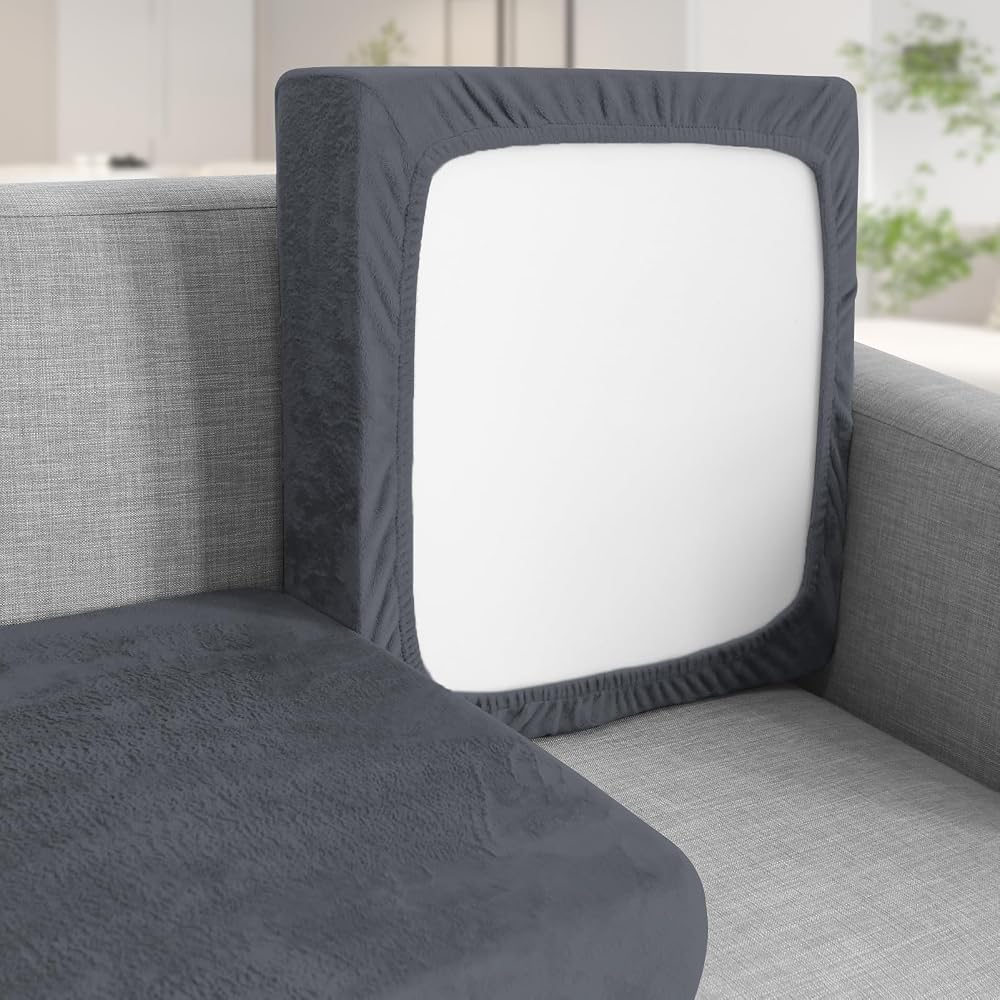 Teynewer Velvet Sofa Seat Cushion Covers 2 Seater Dark Grey Non-Slip