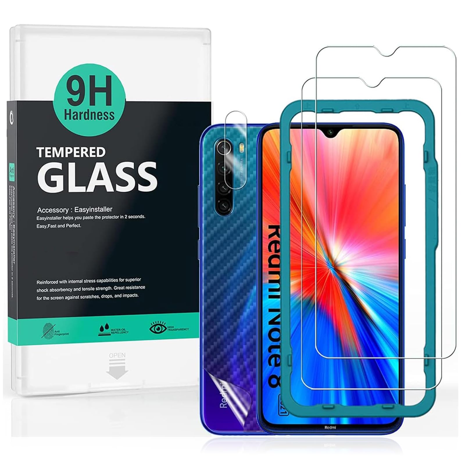 Ibywind Screen Protector (2 Pack) For Redmi Note 8,9H Hardness Tempered Glass,With 1Pc Camera Lens Protector,1Pc Back Protector,Easy to Install