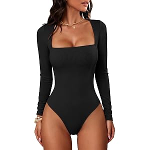 ANRABESS Womens Long Sleeve Square Neck Bodysuit | Ribbed Knit Slim Fit Body Suits, Snap Closure,Going Out Basic Sexy Tops, W