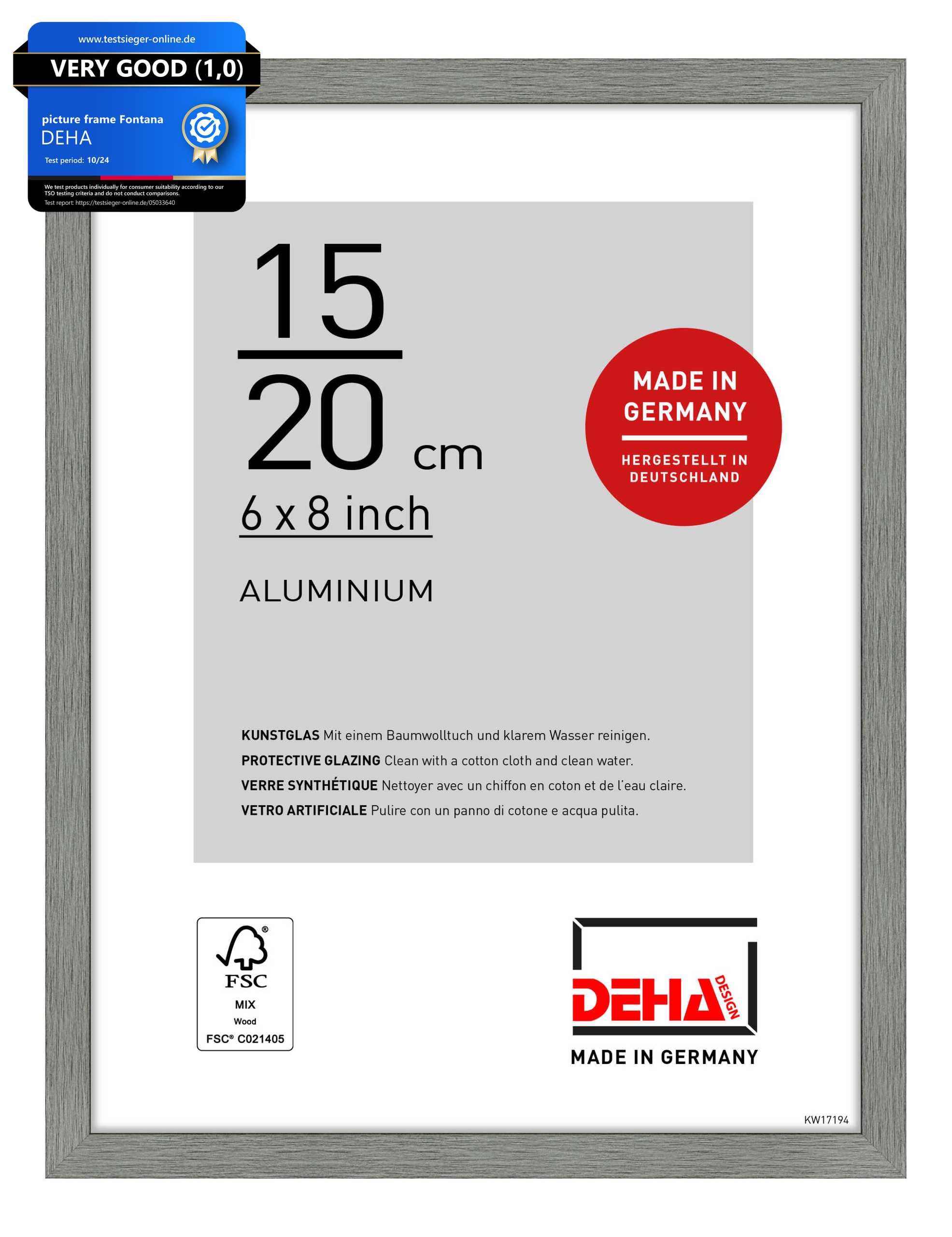 DEHA Design Tribeca Aluminium Picture Frame - 15x20 cm (6x8 in) – Brushed Grey - with Synthetic Glass and Push/Turn Clips