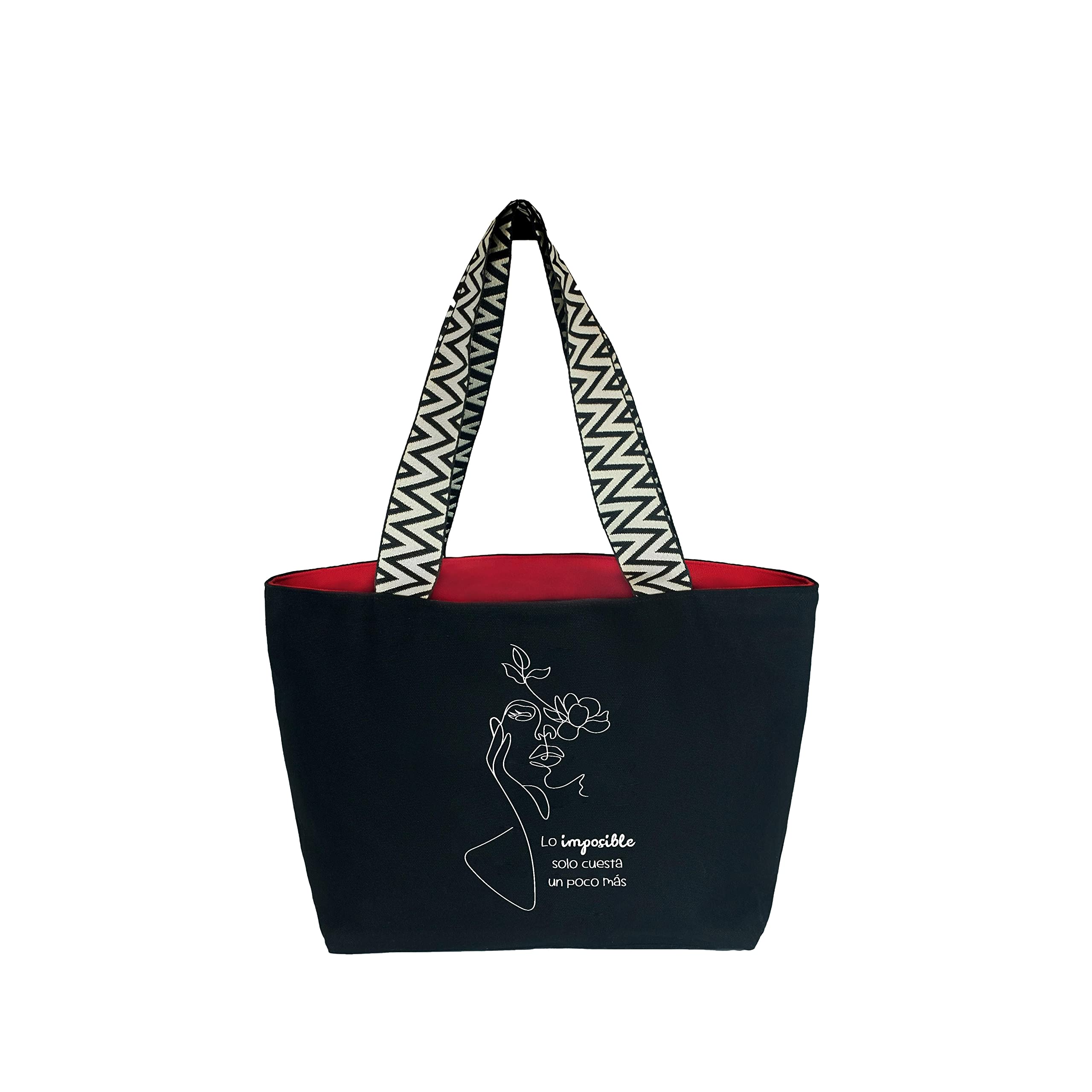 hello-bags. Premium canvas bag for women. With external zip and zipped pocket inside. Includes a red, premium canvas lining. Gift presentation. Colour: Black/Ecru. 19.68 x 11.81 in.