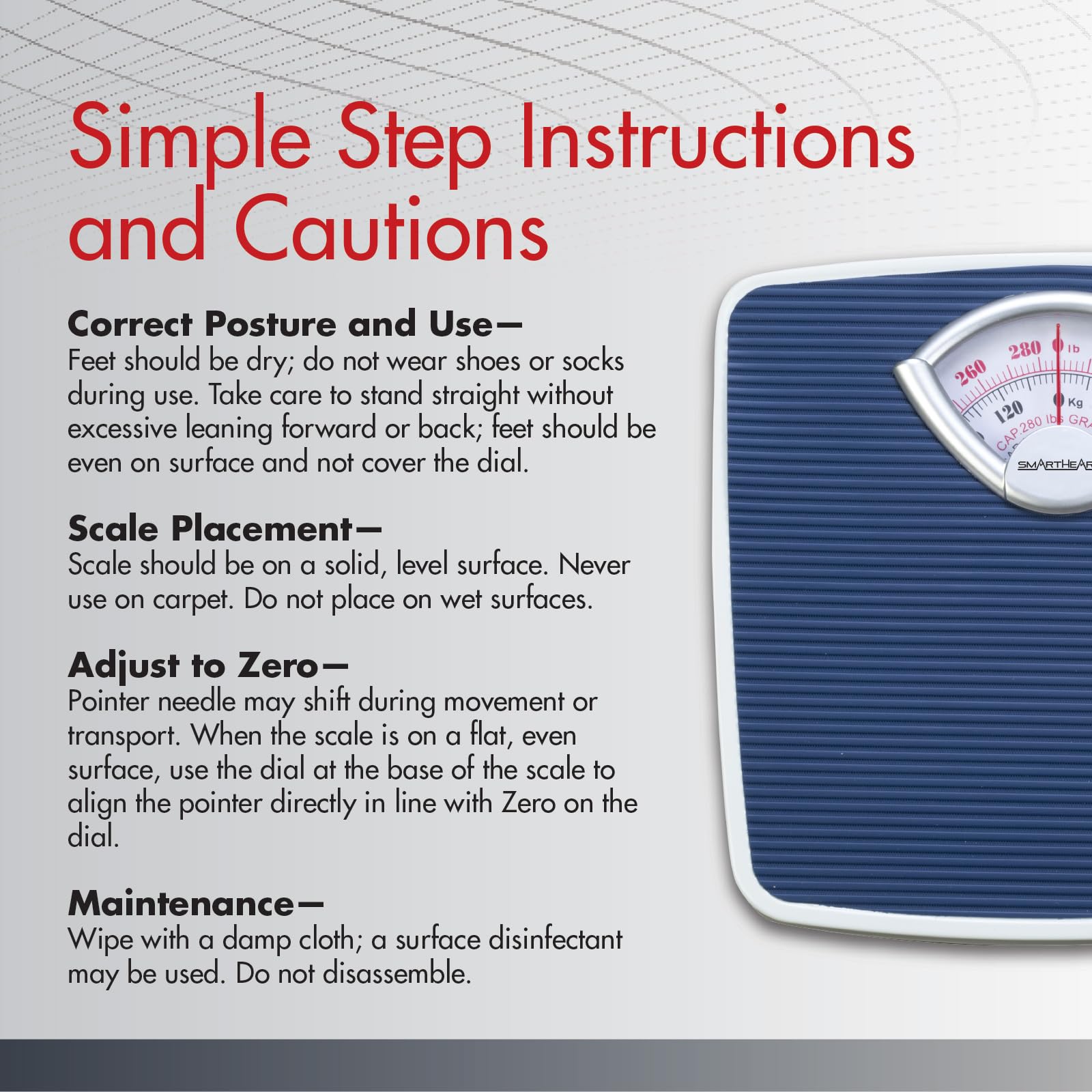SmartHeart Analog Body Weight Scale | Mechanical Scale | 286 lbs / 130 kg Capacity | Non-Skid Platform | Easy Dial Calibration | No Batteries Needed