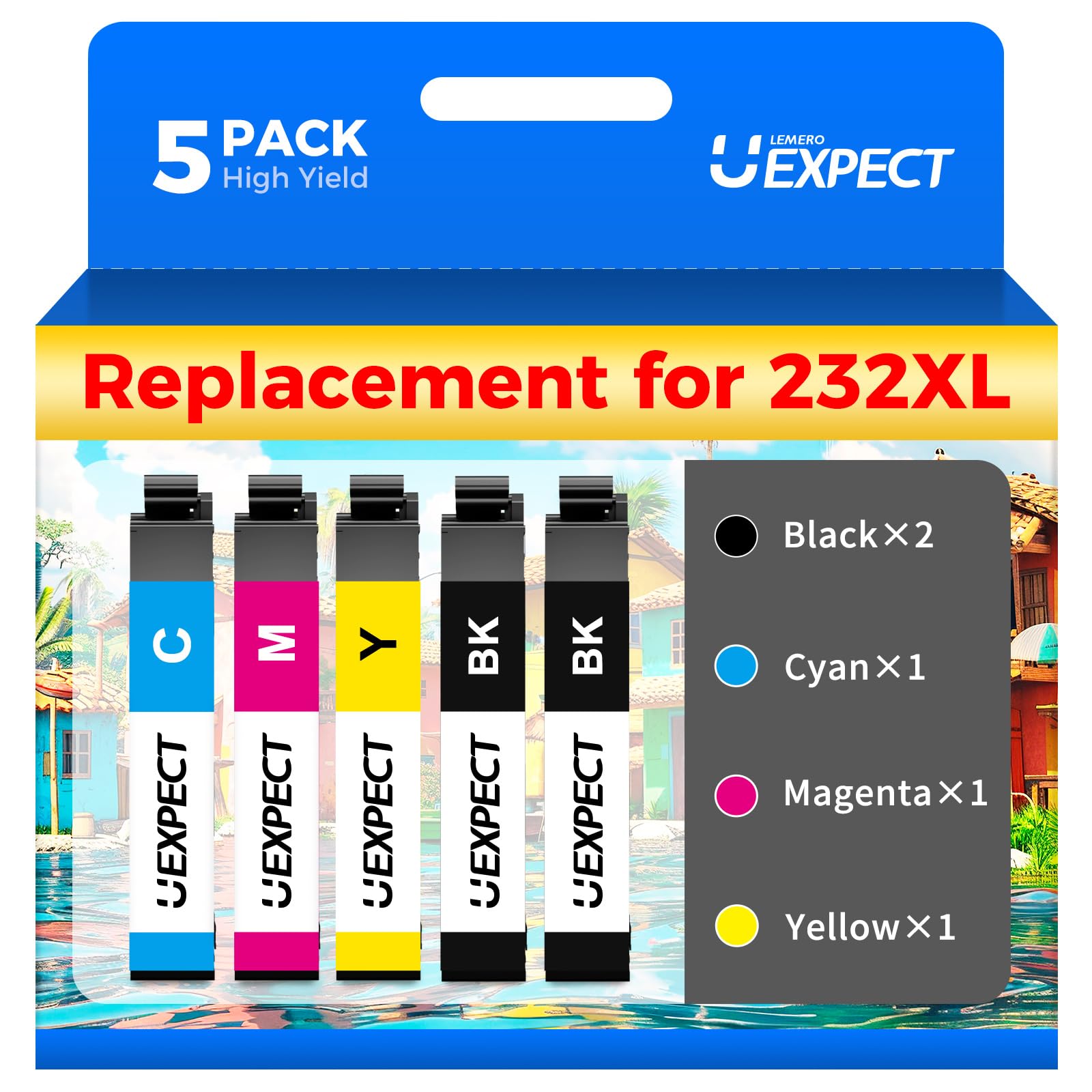 Photo 1 of LemeroUexpect Replacement for 232XL Ink Cartridges Combo Pack Replacement for 232 Ink Cartridges for Printer WF-2930 WF 2950 XP-4200 XP-4205 Ink Printers, 5 Pack, 2*Black, Cyan, Magenta, Yellow