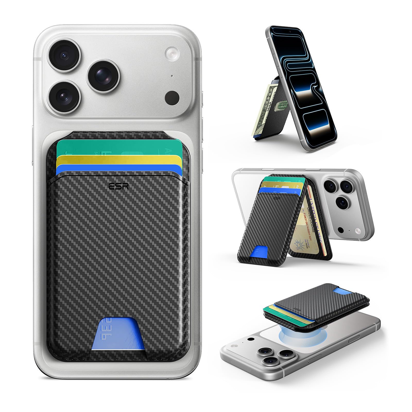 ESR Upgraded for MagSafe Wallet, 5 Card Holder, RFID Blocking, Magnetic Wallet with Adjustable Stand, for iPhone 17e/17/16/15/14/13/12 & Google Pixel 10, Not Mini, Vegan Leather, Black Carbon Fiber